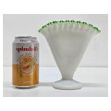 FENTON Glass Ruffled Edge White & Green Fan Vase