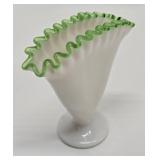 FENTON Glass Ruffled Edge White & Green Fan Vase