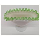 FENTON Glass Ruffled Edge White & Green Fan Vase