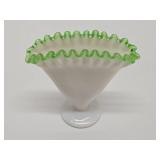 FENTON Glass Ruffled Edge White & Green Fan Vase