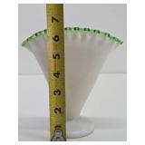 FENTON Glass Ruffled Edge White & Green Fan Vase