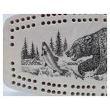 Vintage Scrimshaw Style Ceramic Etched Bear Cribbage Board