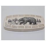 Vintage Scrimshaw Style Ceramic Etched Bear Cribbage Board