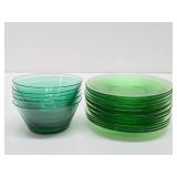 Group of Vaseline Glass Bowls & Saucers/Plates