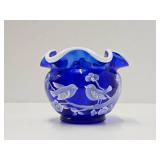 Lovely Artist & Nancy Fenton signed FENTON Ruffled Cobalt Blue Glass Vsse