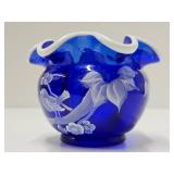 Lovely Artist & Nancy Fenton signed FENTON Ruffled Cobalt Blue Glass Vsse