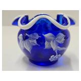 Lovely Artist & Nancy Fenton signed FENTON Ruffled Cobalt Blue Glass Vsse