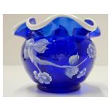 Lovely Artist & Nancy Fenton signed FENTON Ruffled Cobalt Blue Glass Vsse
