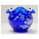 Lovely Artist & Nancy Fenton signed FENTON Ruffled Cobalt Blue Glass Vsse