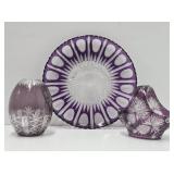Lovely Group of Vintage Amethyst Cut-to-Clear Crystal Platter Vase & Basket