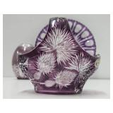 Lovely Group of Vintage Amethyst Cut-to-Clear Crystal Platter Vase & Basket
