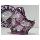 Lovely Group of Vintage Amethyst Cut-to-Clear Crystal Platter Vase & Basket