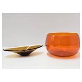 Mid Century Art Glass Danish Modern Dish & Orange Blenko Bowl