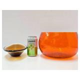 Mid Century Art Glass Danish Modern Dish & Orange Blenko Bowl