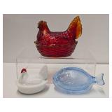 3 Vintage Glass Baskets w/Lids - 2 Chickens & a Fish