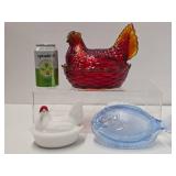 3 Vintage Glass Baskets w/Lids - 2 Chickens & a Fish