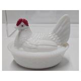 3 Vintage Glass Baskets w/Lids - 2 Chickens & a Fish
