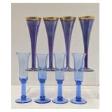 2 Very Nice Sets of Vintage Champagne Glasses - Blue & Amethyst w/Gold Rim