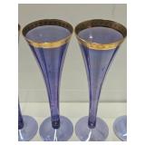 2 Very Nice Sets of Vintage Champagne Glasses - Blue & Amethyst w/Gold Rim