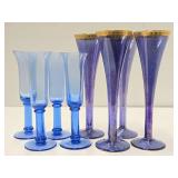 2 Very Nice Sets of Vintage Champagne Glasses - Blue & Amethyst w/Gold Rim