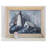 Framed Vintage Oil on Canvas Impressionist Painting - Ominous Farm Scene