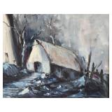Framed Vintage Oil on Canvas Impressionist Painting - Ominous Farm Scene