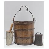 Primitive Antique Wood Bucket w/Handle, Scoop & Old Cow Bell
