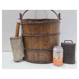 Primitive Antique Wood Bucket w/Handle, Scoop & Old Cow Bell