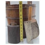 Primitive Antique Wood Bucket w/Handle, Scoop & Old Cow Bell