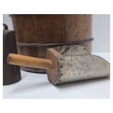 Primitive Antique Wood Bucket w/Handle, Scoop & Old Cow Bell
