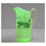 Antique Uranium Glass Souvenir Pitcher - Mississippi River - Red Wing, Minn