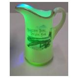 Antique Uranium Glass Souvenir Pitcher - Mississippi River - Red Wing, Minn
