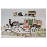Lot of Vintage & Antique Small Items - Advertising Currency, Old Return Tags, Crucifixes, Antique Jewelry Cases etc