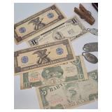 Lot of Vintage & Antique Small Items - Advertising Currency, Old Return Tags, Crucifixes, Antique Jewelry Cases etc