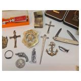 Lot of Vintage & Antique Small Items - Advertising Currency, Old Return Tags, Crucifixes, Antique Jewelry Cases etc