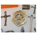 Lot of Vintage & Antique Small Items - Advertising Currency, Old Return Tags, Crucifixes, Antique Jewelry Cases etc