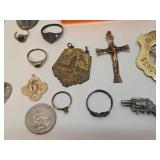 Lot of Vintage & Antique Small Items - Advertising Currency, Old Return Tags, Crucifixes, Antique Jewelry Cases etc