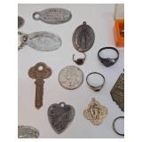 Lot of Vintage & Antique Small Items - Advertising Currency, Old Return Tags, Crucifixes, Antique Jewelry Cases etc