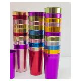 Large Collection of Vintage Mid Century Colorful Aluminum Drinking Glass Barware Coasters etc