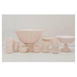 Vintage Jeanette Shell Pink Milk Glass Complete Punch Bowl Set & 2 Pedestal Compotes