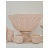 Vintage Jeanette Shell Pink Milk Glass Complete Punch Bowl Set & 2 Pedestal Compotes