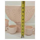 Vintage Jeanette Shell Pink Milk Glass Complete Punch Bowl Set & 2 Pedestal Compotes