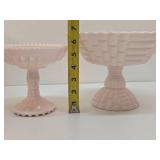 Vintage Jeanette Shell Pink Milk Glass Complete Punch Bowl Set & 2 Pedestal Compotes