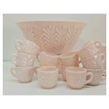 Vintage Jeanette Shell Pink Milk Glass Complete Punch Bowl Set & 2 Pedestal Compotes