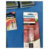 Consumer batteries and replacement halogen bulbs.