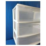 This is a Sterilite 3-Drawer Wide Storage Cart featuring a white frame and clear drawers.