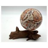 Natural Money Agate Sphere on Driftwood Stand
