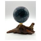 Natural Moss Agate Sphere on Driftwood Stand
