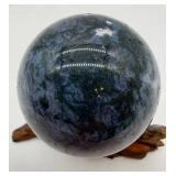 Natural Moss Agate Sphere on Driftwood Stand