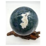 Natural Moss Agate Sphere on Driftwood Stand
